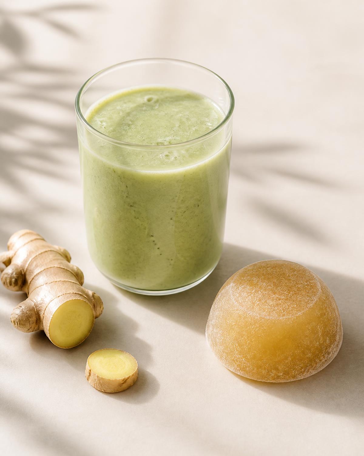A smoothie beside a frozen DEO drop