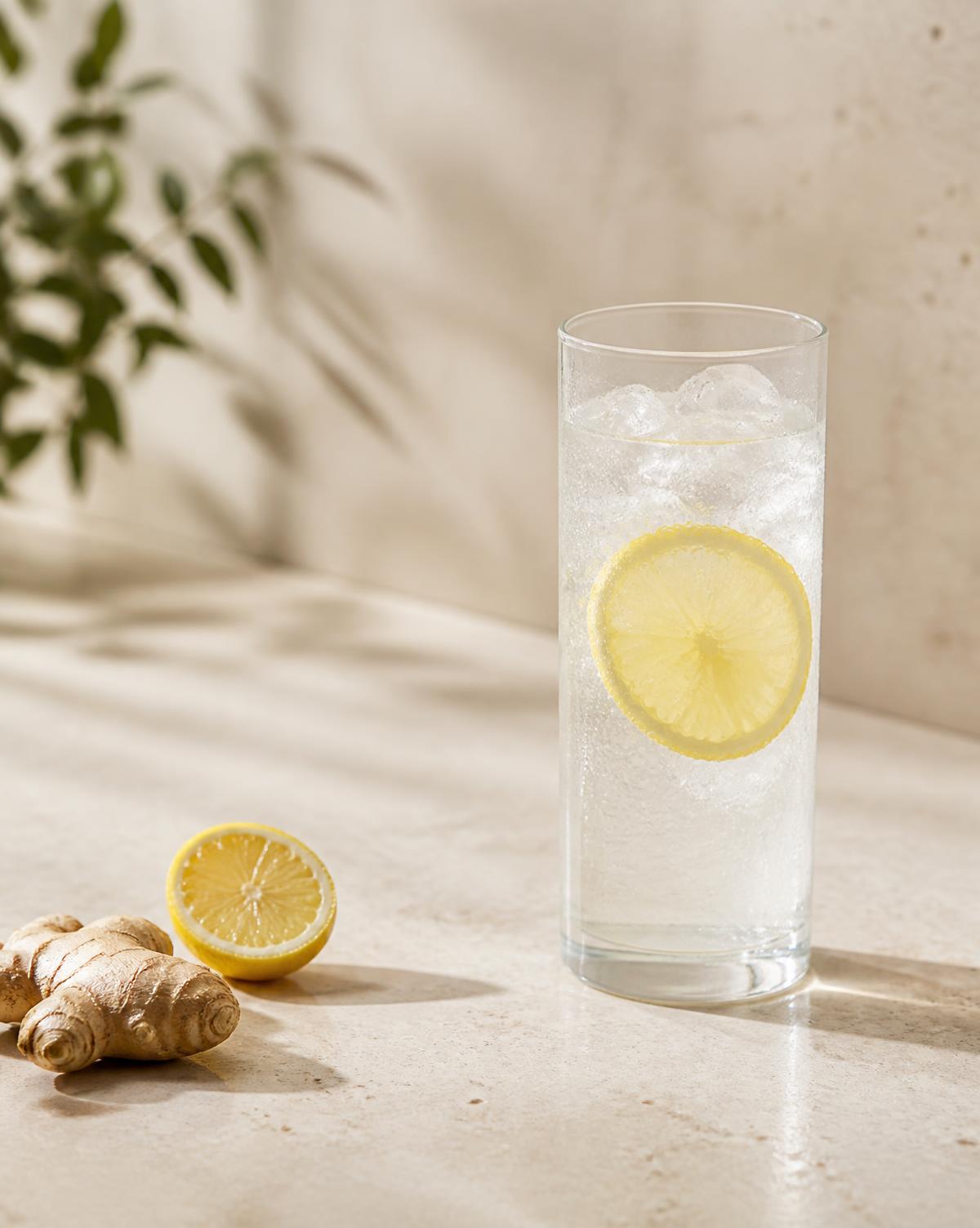 A glass of cold ginger and lemon water