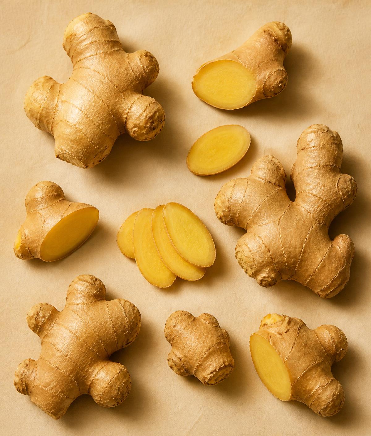 Whole and sliced organic ginger root