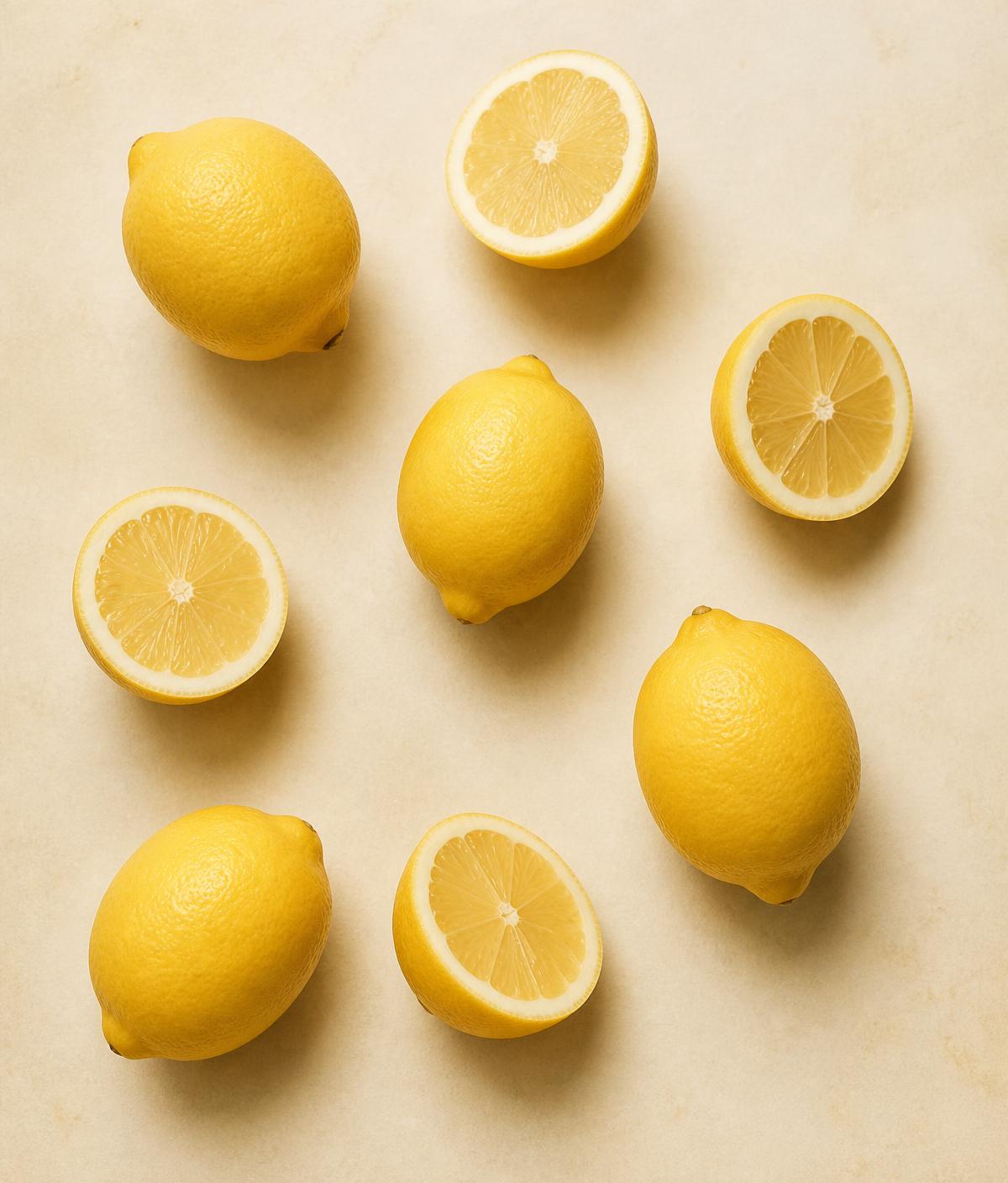 Whole and halved fresh lemons