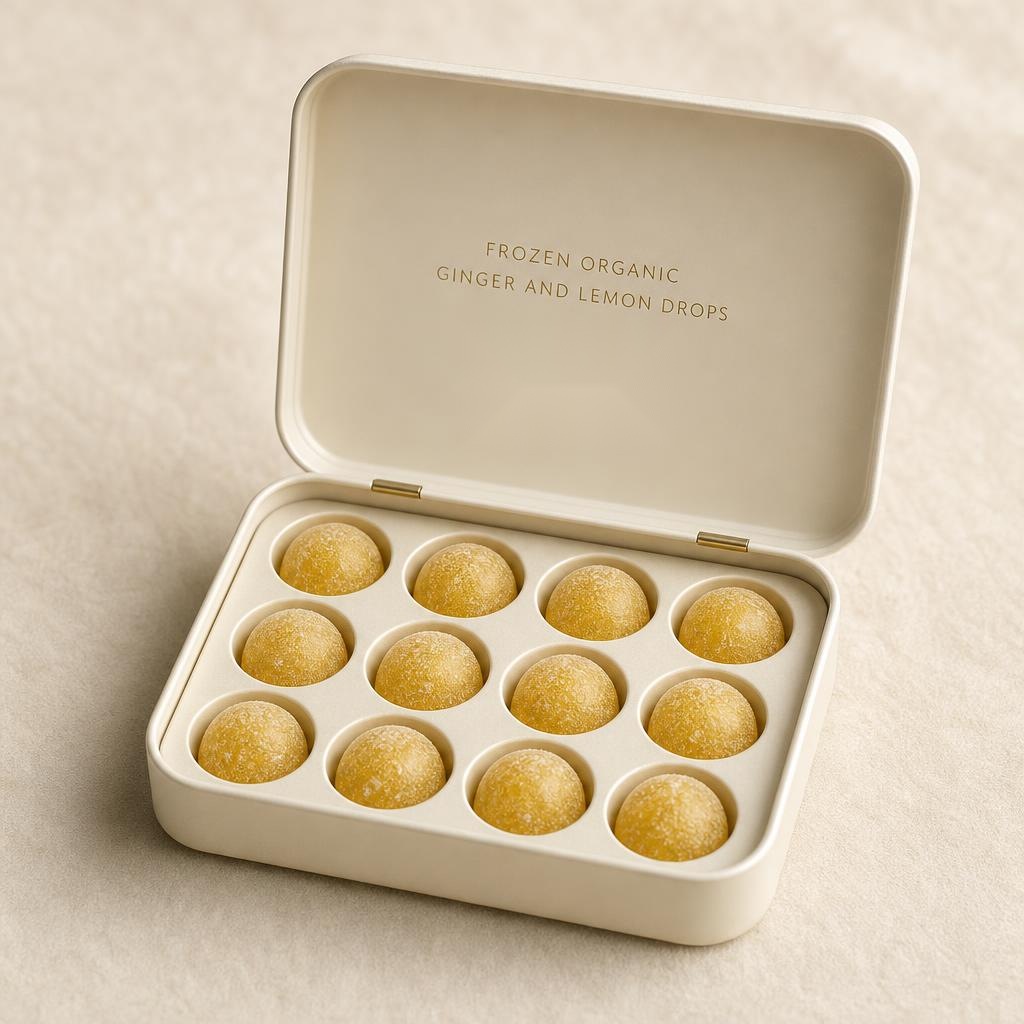 A cream DEO pack holding twelve frozen organic ginger and lemon drops