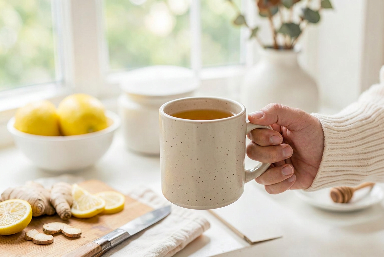 Hands holding a warm ginger and lemon drink